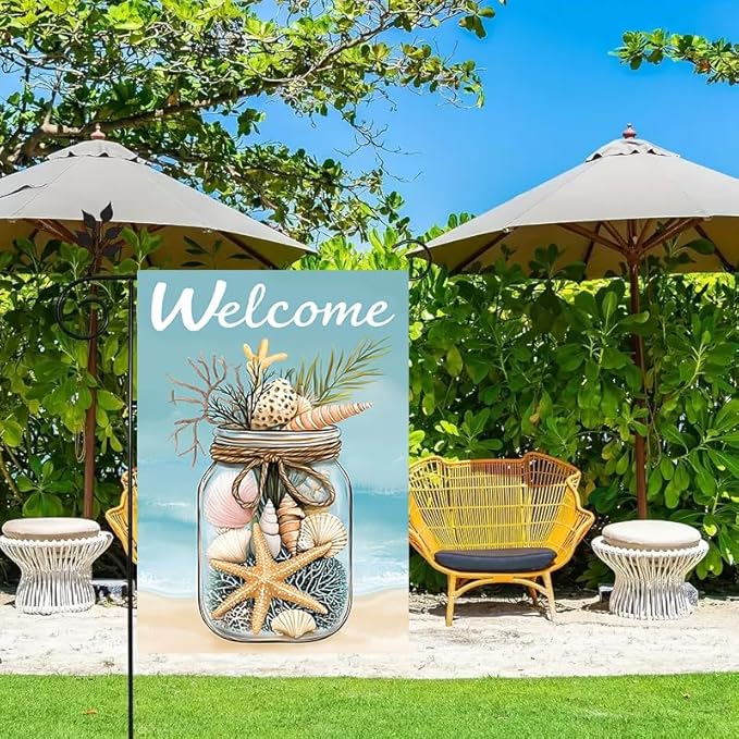 Summer Garden Flag 12x18 Double Sided, Burlap Seasonal Rustic Beach Shell Garden Flags Summer Outdoor Decorations, Small Decorative Yard Lawn Porch Flags for Outside Décor