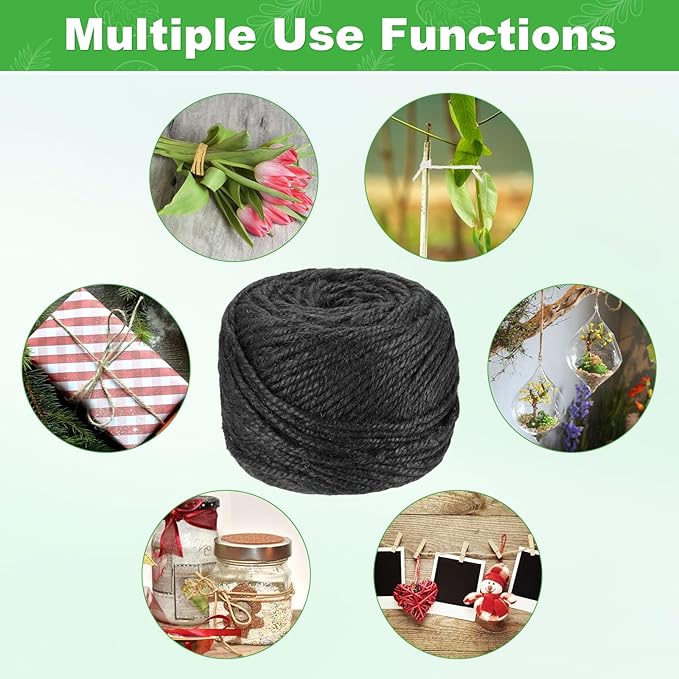 2-Pack Natural Jute Twine String, 3mm x 328ft/100m Long Garden Twine Balls for Crafts/Gift Wrapping/Gardening Plants, Durable Plant Ties Thick Rope [Black]