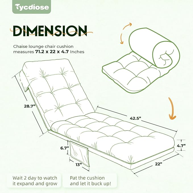 Outdoor Lounge Chair Cushion, Waterproof Replacement Chaise Lounge Cushions for Outdoor Furniture Thickened 71 x 22 x 4.7 Inches Non-Slip Patio Pool Lounge Chair Cushions with Ties (Green)