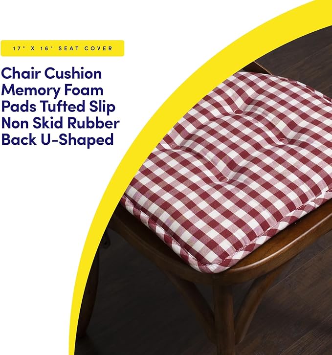 Sweet Home Collection Chair Cushion Memory Foam Pads Tufted Slip Non Skid Rubber Back U-Shaped 17" x 16" Seat Cover, 6 Pack, Checkered Wine/White