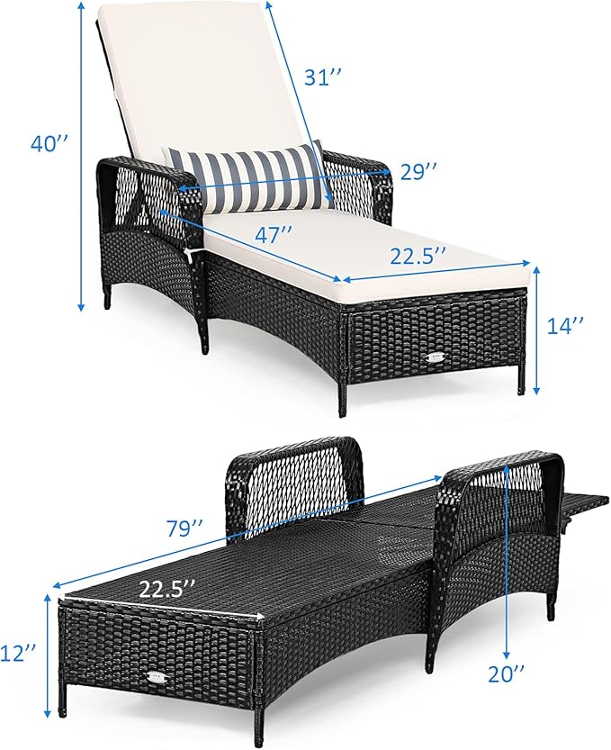 Tangkula Wicker Chaise Lounge Outdoor, Patio Rattan Reclining Chaise with 6-Gear Adjustable Backrest, Thick Padded Cushion & Removable Lumbar Pillow, Pool Lounge Chairs for Outside Balcony Backyard