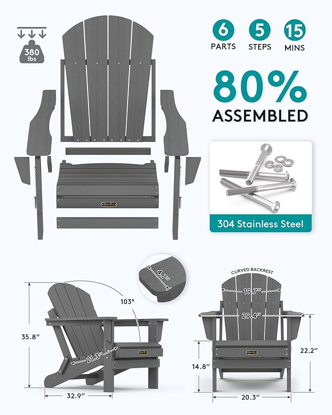 SERWALL Adirondack Chair Set of 2 for Patio Garden Outdoors Fire Pit- (Folding Gray)