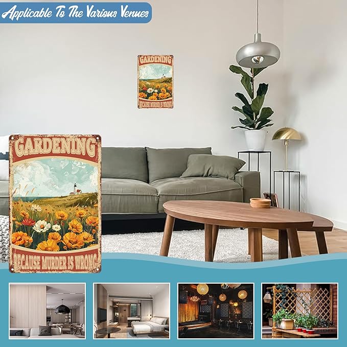 Vintage Gardening Metal Sign Gardening Because Murder is Wrong Metal Sign Gift for Friend Backyard Oasis Bar Outdoor Patio 8 x 12 Inch