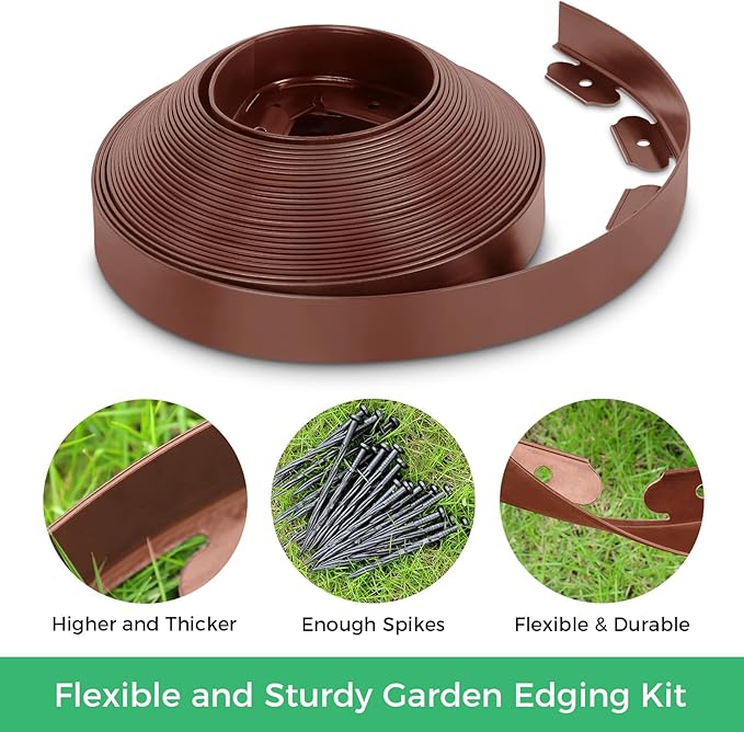 2-Inch x 33 FT Landscape Edging Border with 50 Spikes, No Dig Garden Edging Lawn Edging Border Kit, Plastic Edging Border Flexible for Garden Flower Beds Lawn Yard Pathway (Brown)