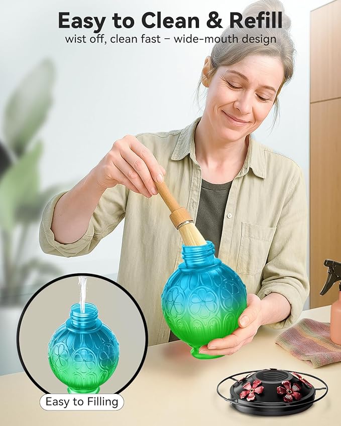 26Oz Hummingbird Feeder for Outdoors, Vintage Glass Bird Feeder with Perch, Durable & Easy to Clean, Hanging Nectar Feeder for Garden, Yard, Deck – Gifts for Women Mom (Green)