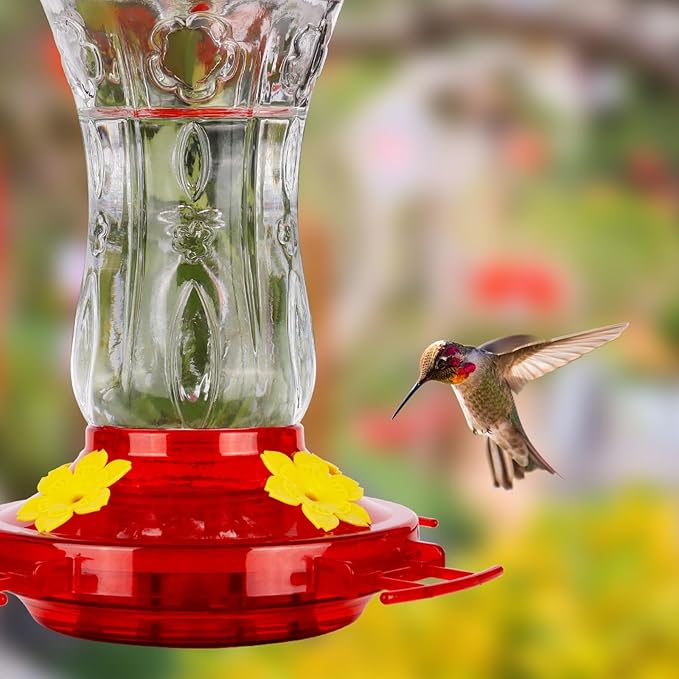 Glass Hummingbird Feeders for Outdoors, Built-in Ant Moat & Leakproof Design, XAROO Hummingbird Feeder with 4 Bee Guard Feeding Ports, 15OZ, Red, Gifts for Mom Wife Dad, Birthday Gift for Men Women
