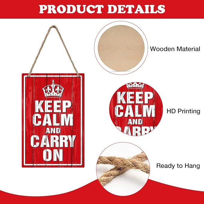 Inspirational Keep Calm and Carry on Front Door Sign, Motivational Crown Wood Hanger Outdoor Outside Porch Decor, Red Farmhouse Wooden Wreath Indoor Wall Hanging Home Office Bar Decoration