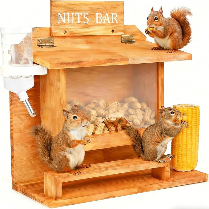 Nut Bar Squirrel Feeder, Squirrel Feeders for Outside, 11.8" Large Squirrel Picnic Table Peanut Corn Cob Feeder, Wooden Squirrel Picnic Table Feeder for Corn Peanut, Chipmunk Feeder Box