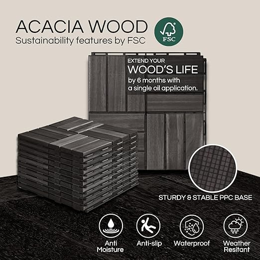 10 Pcs Deck Tiles, Patio Flooring - Outdoor Waterproof Acacia Wood Tiles for All Weather Use - Balcony, Backyard, Indoor & Outdoor (Black Crossed Pattern, 10 Square Ft)