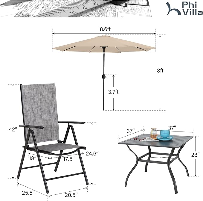 PHI VILLA Outdoor Patio Dining Set with 9 Ft Umbrella for 4, 4 Outdoor Patio Reclining Folding Sling Grey Chairs with Armrest & 1 Square Metal Patio Dining Table with 1.57" Umbrella Hole