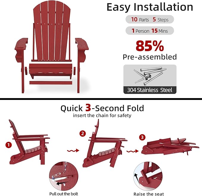 Folding Adirondack Patio Chairs, HDPE Fire Pit Chairs Weather Resistant, Outdoor Adirondack Chair with Cup Holder and Umbrella Hole, Wood Texture, Dark Red