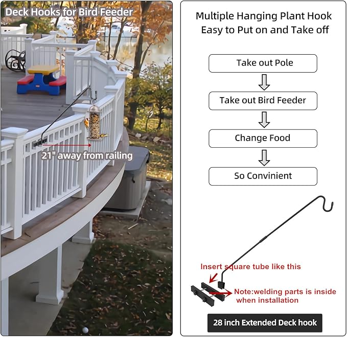Deck Railing Plant Hanger Outdoor-Deck Hook Railing Mount，Metal Bird Feeder Hanger for Deck Railing,Fence Shepherds Hooks Pole Bracket for Hanging Hummingbird Feeder,Planter,Flower Baskets