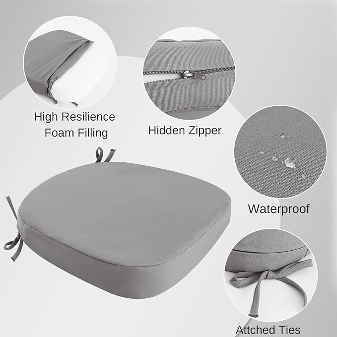idee-home Outdoor Chair Cushions Set of 4, 17" x 17" x 3" Thick D-Shaped Patio Furniture Outdoor Seat Cushions Waterproof with Ties, Dining Pads