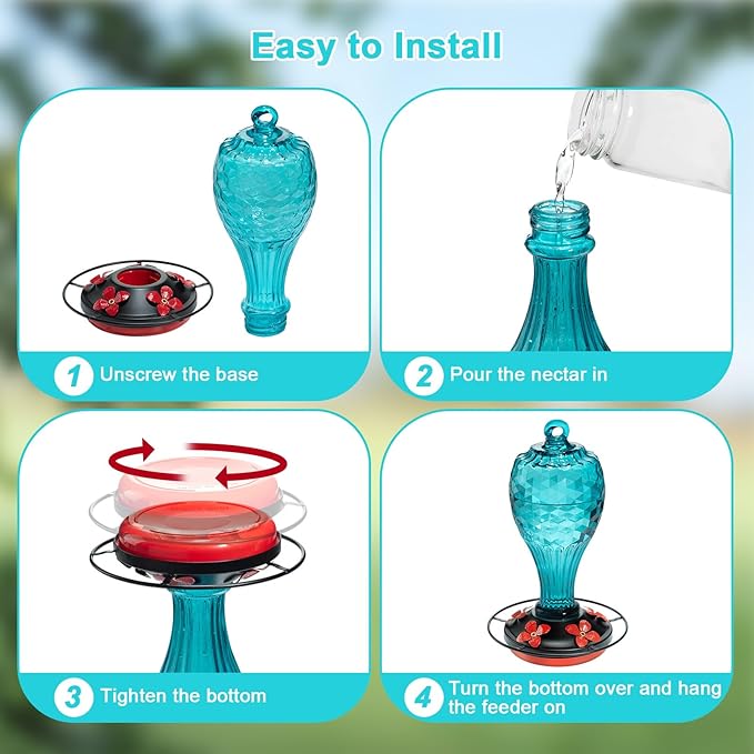 20 OZ Glass Hummingbird Feeders for Outdoors Hanging - Hand-Blown Vibrant Blue Reflective Fish-Scale Design - Attracts More Hummingbirds - Leak-Proof Silicone Seal & Ant Moat - Gift for Mom