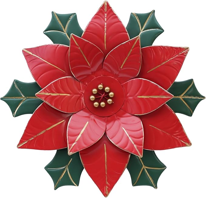 hogardeck Christmas Decorations Indoor, 11" Metal Flower Wall Decor, Poinsettia Floral Metal Wall Art, Xmas Wall Decor for Bathroom, Living Room, Porch, Garden, Yard