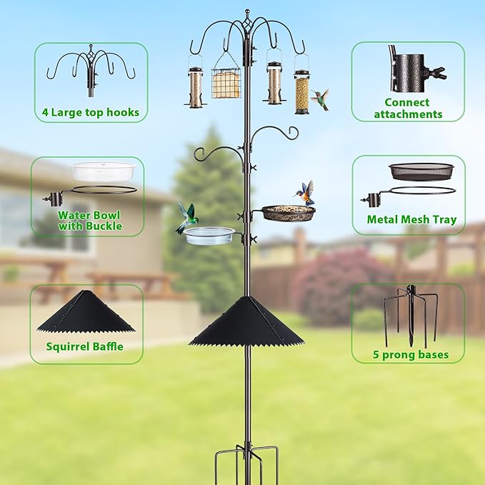 Bird Feeding Station Kit, 94 Inch Adjustable Birds Feeder Stand Pole with 6-Hook, Bird Bath and Mesh Tray, Curved Squirrel Baffle, Freestanding 5-Prong Base