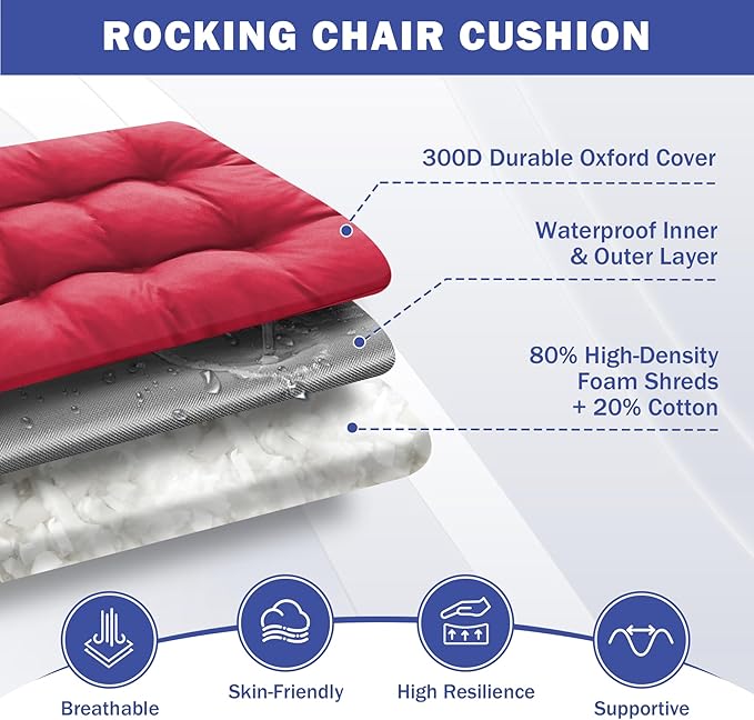 Rocking Chair Cushion, Waterproof and Fade-Resistant Patio Chair Cushions, Tufted Chair Pads for Rocker Furniture, 17x17 Inch, Indoor/Outdoor Seat Cushions with Ties, Burgundy