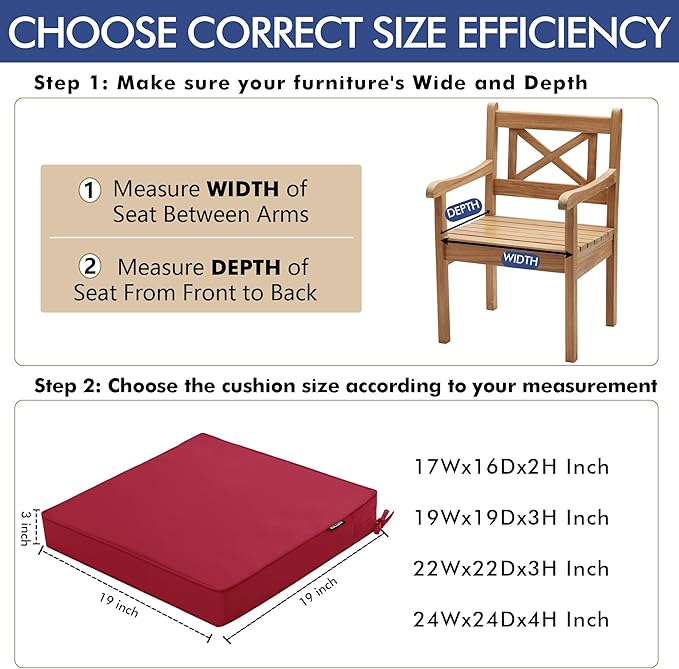 Outdoor Chair Cushions 19 x 19 Inch Waterproof Patio Chair Cushions with Tie 5 Year Color Fastness Thick Outdoor Seat Cushion for Garden Lawn Patio Furniture Burgundy Red Set of 2