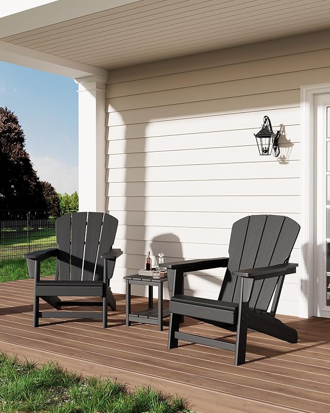 Modern HDPE Plastic Adirondack Chair - Oversize 380 LB Poly Lumber Weather Resistant Firepit Chair - Outdoor Patio Chairs with Wooden Textured for Garden, Backyard, Lawn, Deck, Pool, Porch - Black