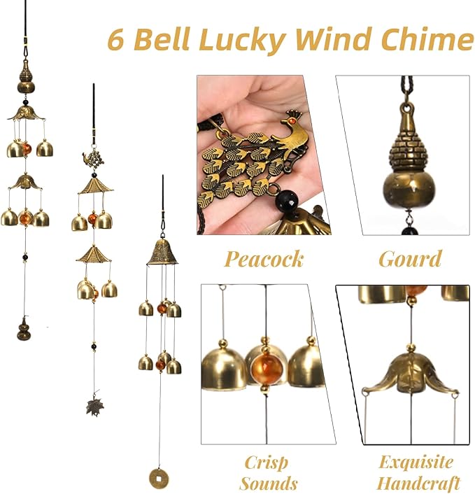3 Packs Lucky Wind Chimes, Chinese Wind Bell, 6-Bell Vintage Hanging Bell Chimes with Gourd Dragon Peacock Coin for Good Luck Wealth Blessing, Home Garden Patio Decoration