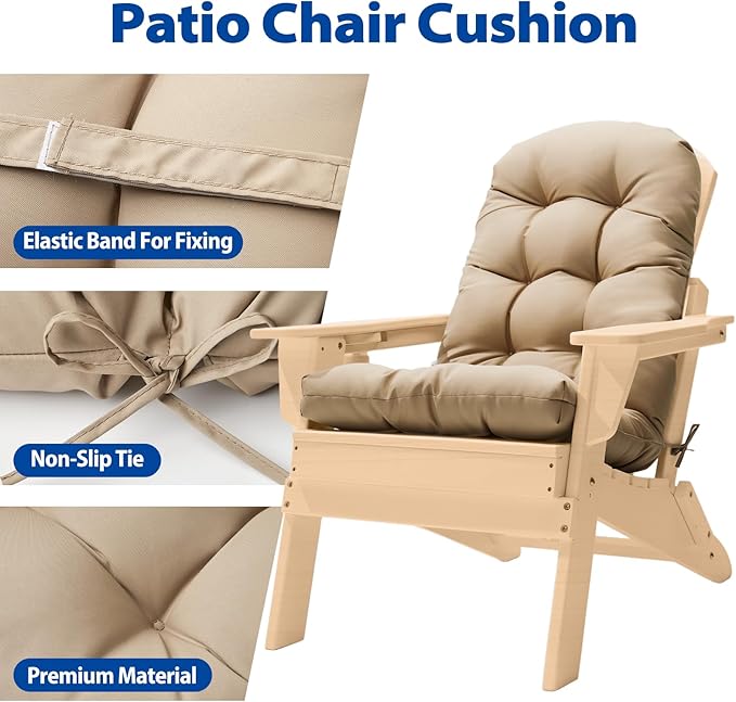 Adirondack Chair Cushion, High Back Patio Cushions with Adjustable Ties, 48.8 x 20.4 x 4.3, Waterproof Tufted Pillow, Fade Resistant Seat Rocking Chair Cushion for Indoor/Outdoor, Khaki, 2