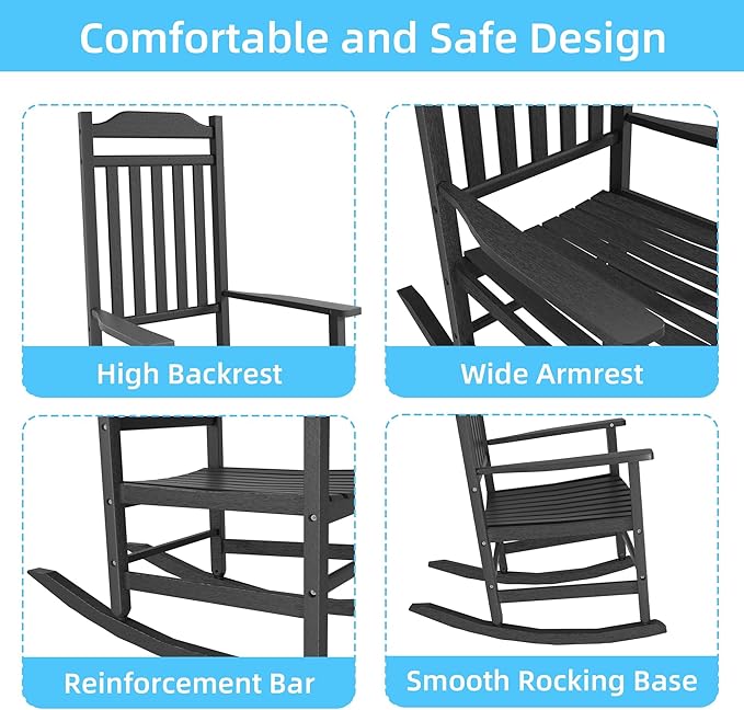 EasyUp Patio Rocking Chair Outdoor,Set of 4,Weather Resistant Poly Resin Oversized Porch Rocker,High Back Smooth Design,Indoor Outdoor Use