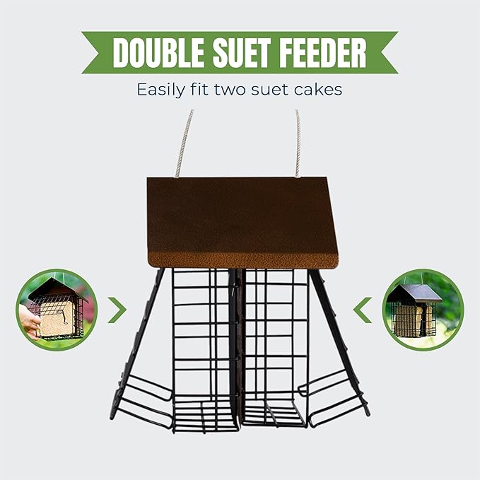 MEKKAPRO Suet Feeder for Outside Hanging Metal Roof, Woodpecker Feeder, Two Suet Bird Feeder Capacity, Cage Hanger Hanging Bird Feeder Easily Fits 2 Suet Cakes Holder - Wild Bird Feeder Basket