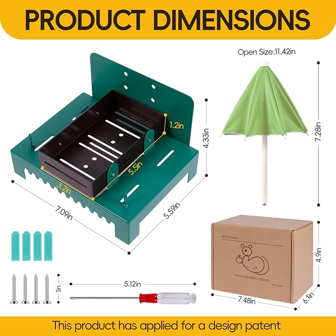 Metal Squirrel Feeder Picnic Table with Umbrella - Heavy Duty Iron Outdoor Chipmunk Feeder, Rust Resistant Corn Cob Holder, Funny Backyard Wildlife Gift for Nature Lovers. (Green)