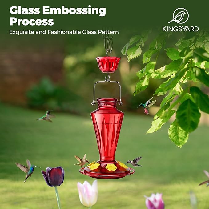 Kingsyard Glass Hummingbird Feeders for Outdoors Hanging Ant & Bee Proof, 16 Ounces Bird Nectar Feeder 6 Flower Feeding Ports, Leak Proof, Easy to Refill & Clean, Ant Moat Included, Red
