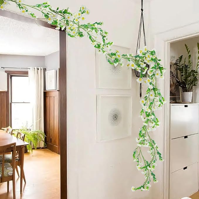 CISDUEO Artificial Daisy Flowers Vine Silk Wildflower Garland Spring Fake Flower Vine Hanging Ivy White Daisy Flowers Green Leaves for Wall Party Wedding Arch Floral Decor Home Indoor Outdoor Ceremony