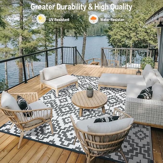 HUGEAR Outdoor Plastic Straw Rug, Waterproof Outdoor Rugs for Patios Clearance, Reversible Area Rug, Large Outside Carpet for Camping, Balcony, RV, Deck, 8x10ft Geometric/Gray&White