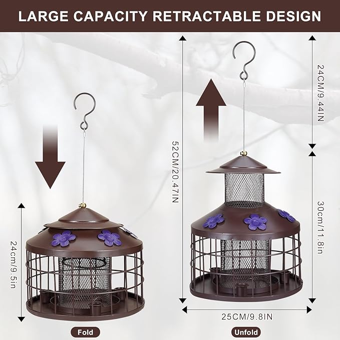Squirrel Proof Bird Feeder with 3 Water Cups, 4.2LB Large Capacity Outdoor Hanging Bird Feeder with Metal Cage, One-Piece Design No Assembly Needed, Weather Resistant & Stylish for Garden, Yard