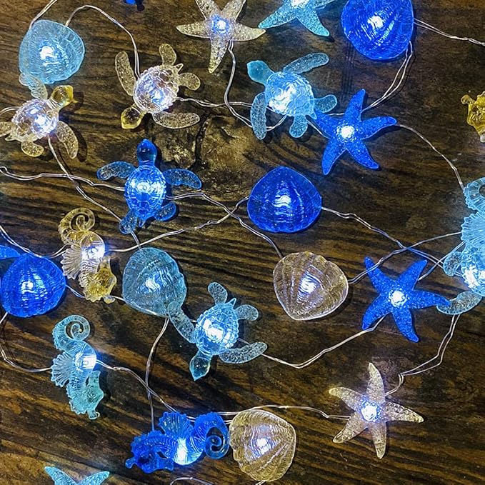 Coastal Solar String Lights Outdoor Garden Lights Marine Life Solar Fairy Garden Lights for Outside 14ft 40LED Waterproof Turtle Seahorse Starfish Clam Beach House Nautical String Lights Yard Decor