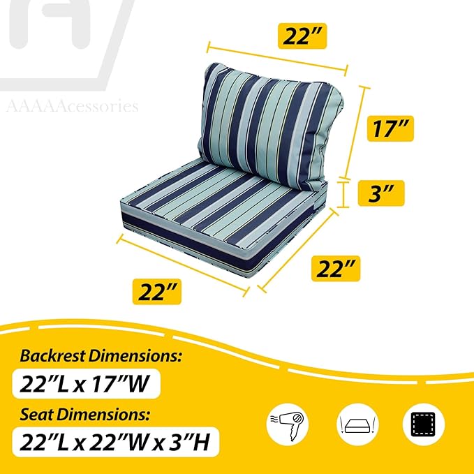 AAAAAcessories Outdoor Seat Cushions for Chairs, Fade-Resistant, Waterproof Patio Furniture Replacement Cushions, 22" x 22" x 3" + 22" x 17", Ash Teal Seaside Stripe