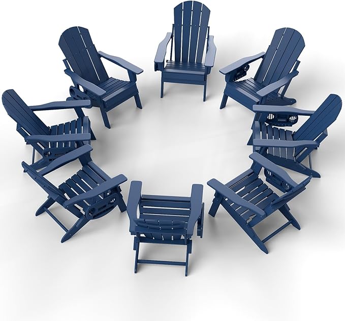Adjustable Adirondack Chair Set of 8 with Cup Holder, All Weather HDPE Fire Pit Chairs for Deck, Backyard, Patio, Navy Blue