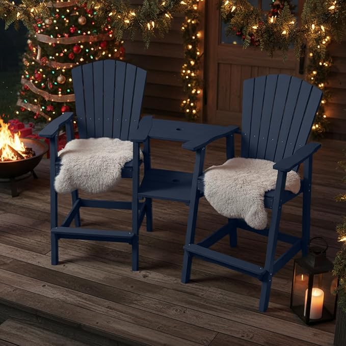 Tall Adirondack Chairs Set of 2, HDPE Outdoor Adirondack Chairs with Double Connecting Tray, Bar Height High Back Patio Chairs for Balcony, Deck, Backyard (Grey)