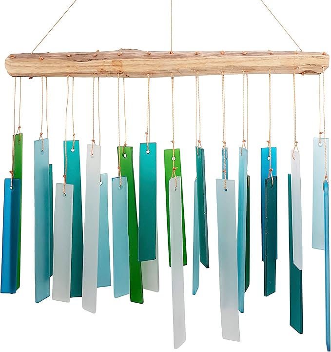 Blue Handworks Sea Glass and Driftwood Chime - Sandblasted Glass and Found Wood Hand Crafted Wind Chime