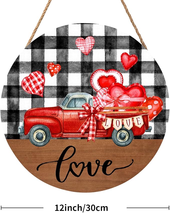 Valentines Day Love Truck Door Sign For Front Door Decor,Black and White Buffalo Plaid Red Heart Wooden Sign 12"x 12" Round Wood Hanging Door Sign Decoration for Wall Rustic Farmhouse Porch Decor