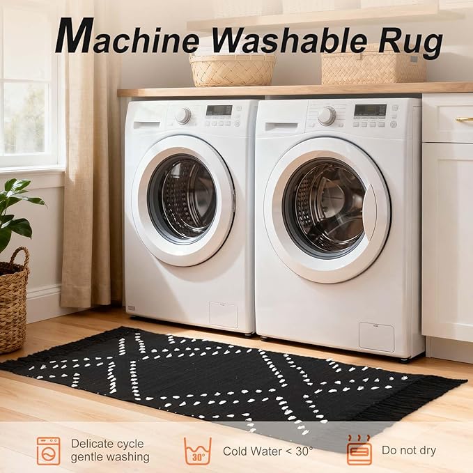 LIVEBOX Boho Black Kitchen Rug Non Slip, Washable Bathroom Runner Rug and Pad Gripper, Laundry Room Cotton Blend Woven Carpet Mat with Tassels (Set of Black Rug + Non Slip Pad, 2' x 4.3')