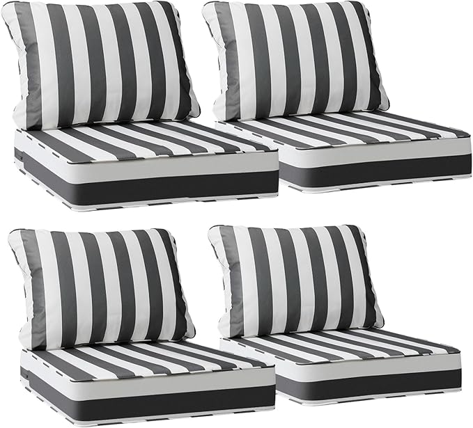 AAAAAcessories Outdoor Deep Seat Cushions, Waterproof, Fade-Resistant Patio Furniture Replacement Cushions, 25.5" x 25.5" x 5" + 25.5" x 19", Set of 4, Gray Cabana Stripe