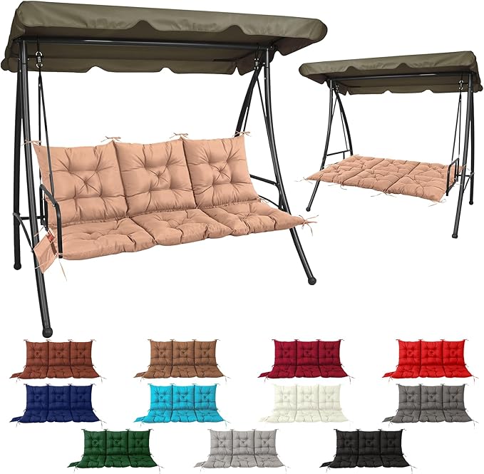 NACATIN 3 Seat Cushion for Outdoor Swing - 60x40 inches, 4" Thick Porch Swing Cushions with Ties and Storage Bag, Waterproof Bench Cushions for Patio, Outdoor, Backyard and Garden (Khaki)