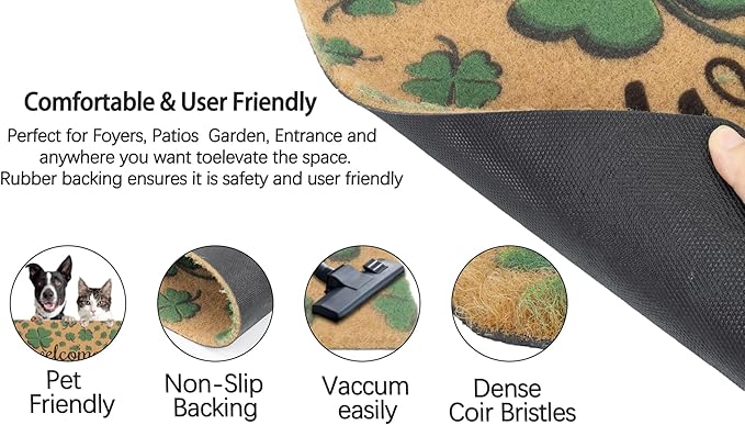 St. Patrick's-Day-Clovers-Welcome-Mats Outdoor-Entrance Green-Shamrock-Outdoor-Doormat Non Slip Coir Front Door Mat for Irish Home Decor 17" x 29"