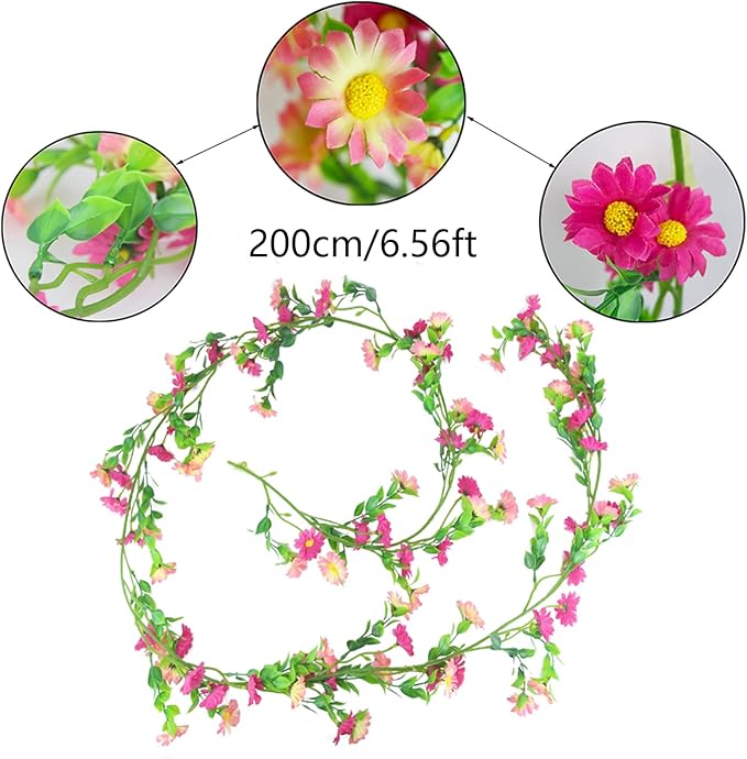 CISDUEO Artificial Daisy Flowers Vine Silk Flower Garland Spring Fake Flower Vine Hanging Ivy with Pink Daisy Flowers Green Leaves for Wall Party Wedding Arch Floral Decor Home Indoor Outdoor Ceremony