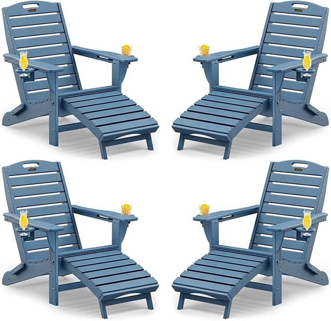 Folding Adirondack Chairs Set of 4,Adirondack Chair with Retractable Ottoman,Plastic Adirondack Chairs with 2 Cup Holder,Weather Resistant Patio Chair,Outdoor Chairs Set of 4(Navy Blue)