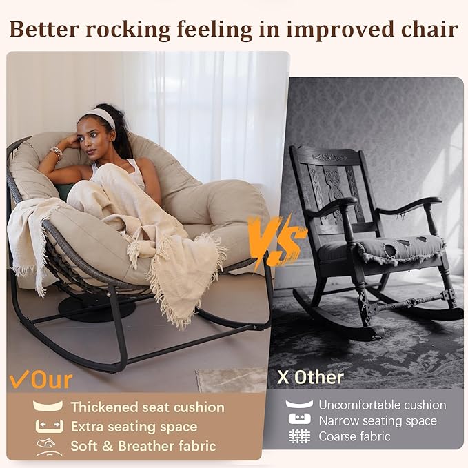 Oversized Rocking Chair Outdoor Set of 2, Rocking Papasan Chair, Patio Egg Chair with Padded Cushion, Outdoor Wicker Rocking Chair for Front Porch, Garden, Patio (Beige)