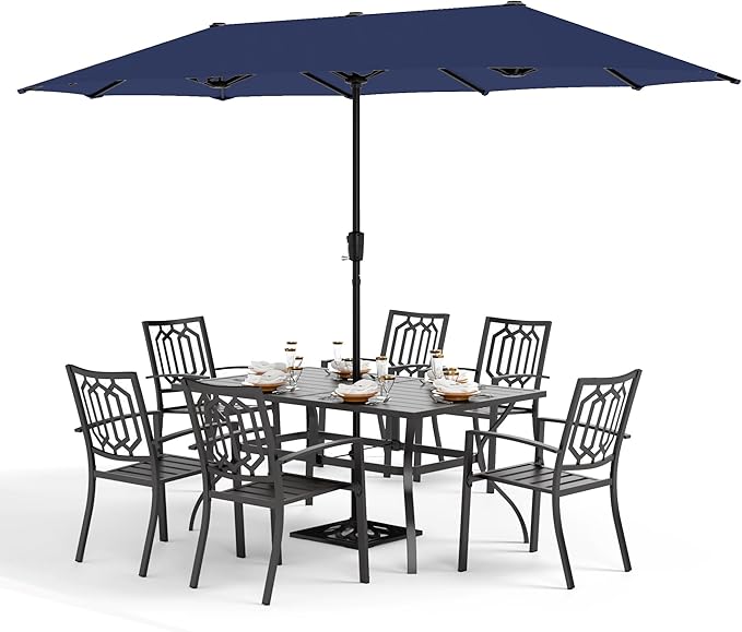 PHI VILLA Patio Dining Set 8 PCS with 13ft Double-Sided Patio Umbrella(Navy Blue)，Metal Outdoor Dining Set - 6 x Outdoor Stackable Chairs, 1 x 60"x38"Rectangle Dining Table and 1 Umbrella
