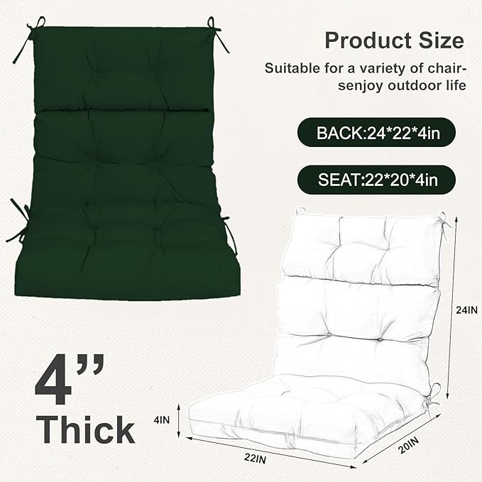 Outdoor High Back Chair Cushions 2-Pack, 44"x22"x 4" Fade-Resistant Waterproof Tufted Pads with Ties for Patio Rocking & Adirondack Chairs (Dark Green)