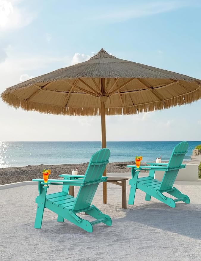 Folding Adirondack Chair Set of 4, Wooden Textured Plastic Adirondack Chairs with 2 Cup Holder, Weather Resistant HDPE Fire Pit Chair, Outdoor Patio Chairs for Garden, Backyard, Lawn, Deck, Lake Blue