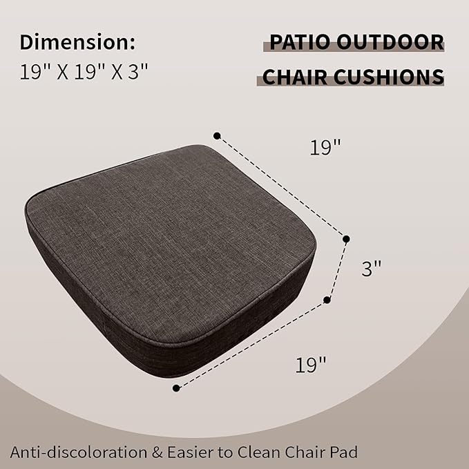 19"x 19"x 3" Patio Chair Cushions Set of 2, Waterproof Outdoor Chair Cushions, Patio Seat Cushion with Adjustable Ties, Darkgrey