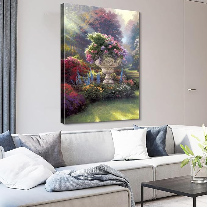 STUDIO HAVEN Thomas Kinkade Canvas Wall Art, Elaborate Stone Planter Overflowing Blooms Sunlit Meadows Oil Painting Poster Lush Floral Wall Decor, Framed Prints for Home Decor, 32x48Inch